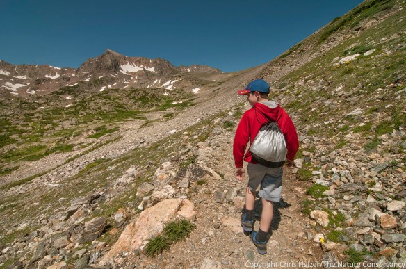 My son John hikes the trail toward Arapaho Pass.  