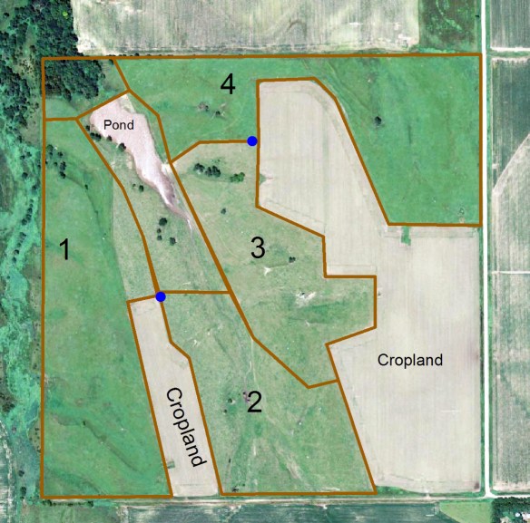 A map of our 160 acres of land, including both cropland and grassland.  The prairie is split into four main pastures.  The blue dots show water tanks that we recently installed.
