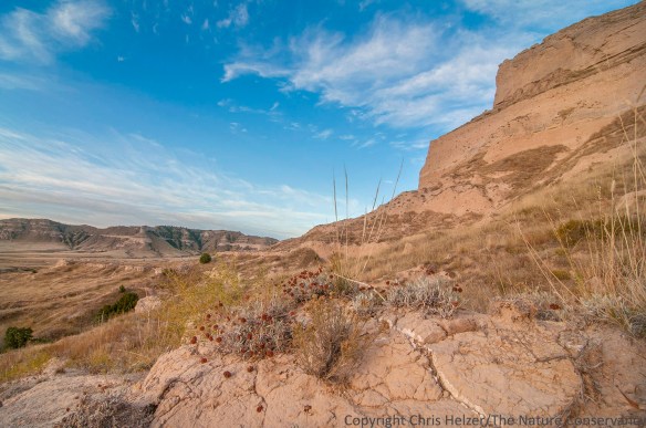 After the sun finally rose, it mostly stayed behind filmy clouds, providing beautifully warm and soft light on the rocky landscape. Scotts Bluff National Monument.