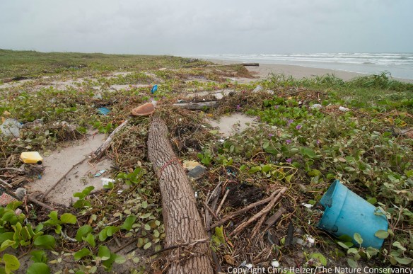 Trash washed in on beach.  San Jose Island.  Gulf of Mexico.  Port Aransas, Texas.